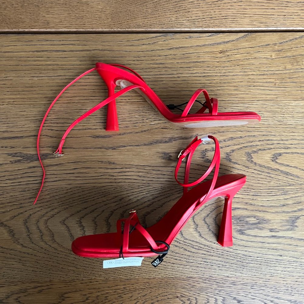 Zara Genuine Leather Red Heeled Sandals (NWT)